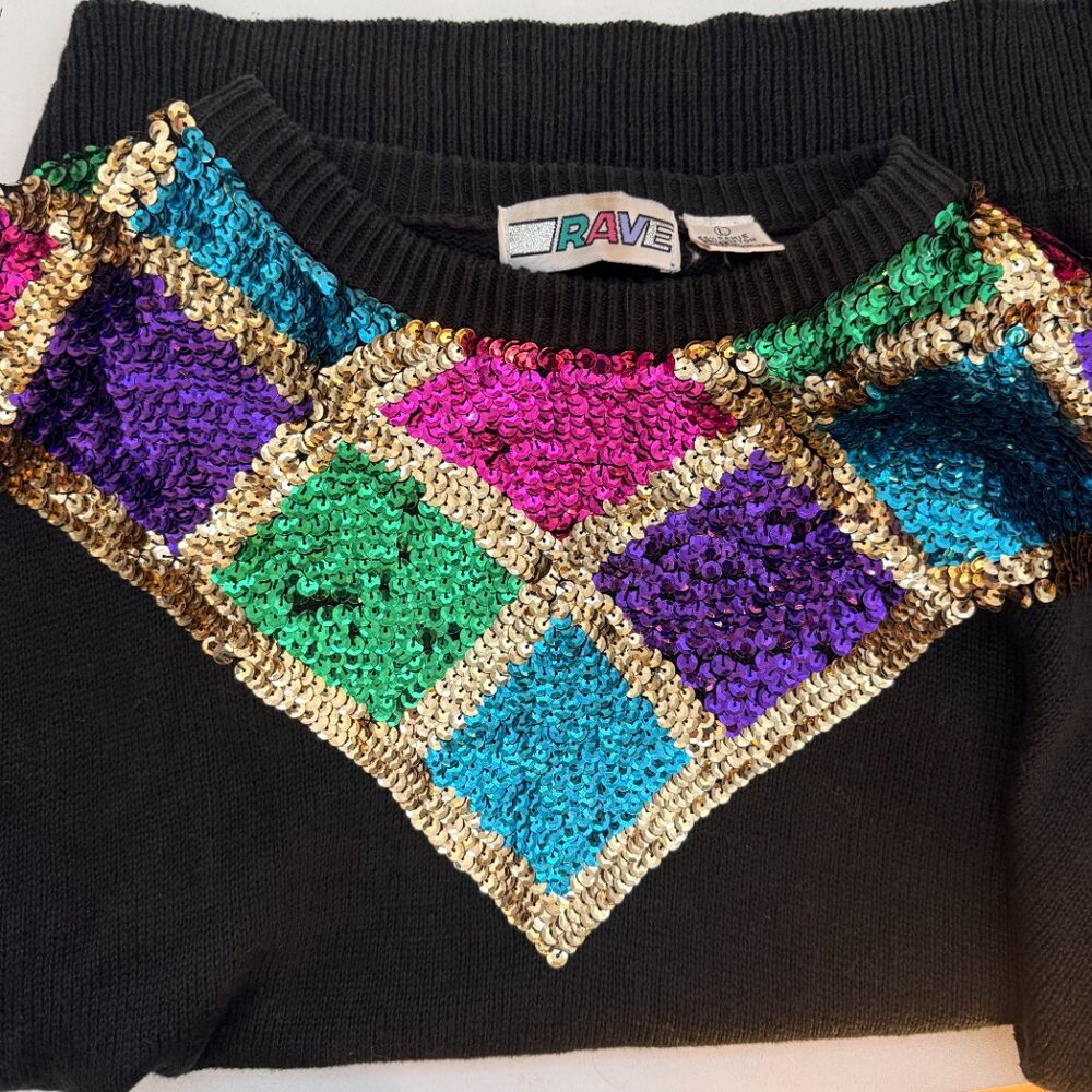 Vintage RAVE Black Harlequin Sequin Sweater | Size L - Picture 8 of 10